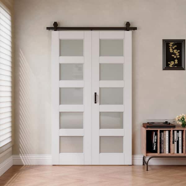 48 in. x 96 in. 5 Lite Tempered Frosted Glass White Primed MDF Bifold Sliding Barn Door with Black Finish Hardware Kit