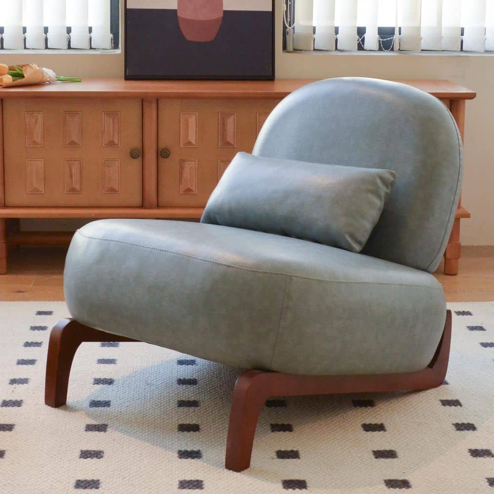 Wendell Modern Blue Faux Leather Upholstered Accent Side Chair with Pillow, Solid Wood Legs