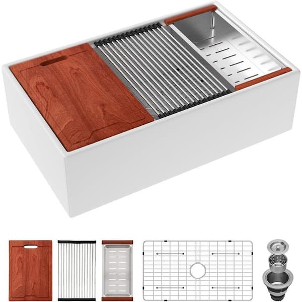33 in. White Ceramic Farmhouse Single Bowl Right-Angle Design Workstation Kitchen Sink with Strainer and Bottom Grid