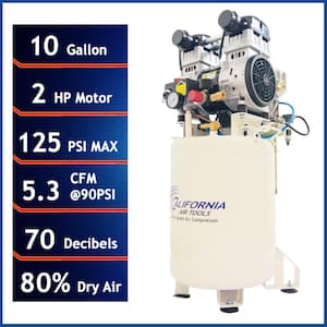 10 Gal. 2 HP Ultra Quiet and Oil-Free Stationary Electric Air Compressor with Air Drying System