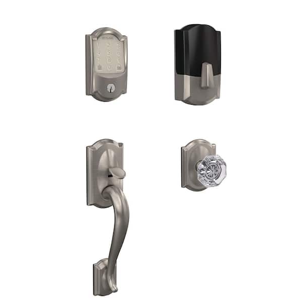 Schlage Camelot Encode Satin Nickel Smart Wi-Fi Deadbolt with Alarm and Custom Alexandria Glass Knob Handleset