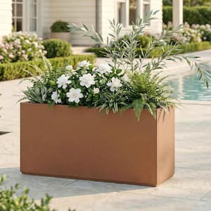 16 in. Brown Metal Rectangular Planter Box-Outdoor Garden Flower Container