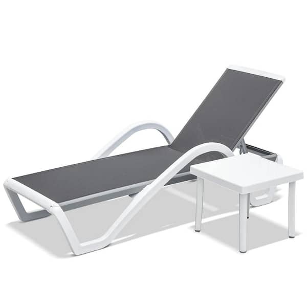 Gray Adjustable Backrest Outdoor Aluminum Polypropylene Chair Patio Chaise Lounge with Table