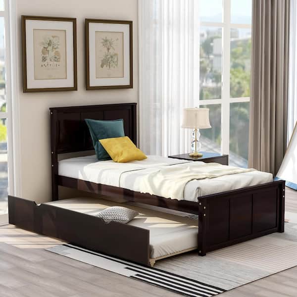 Qualler Espresso Twin Size Platform Bed with Twin Size Trundle