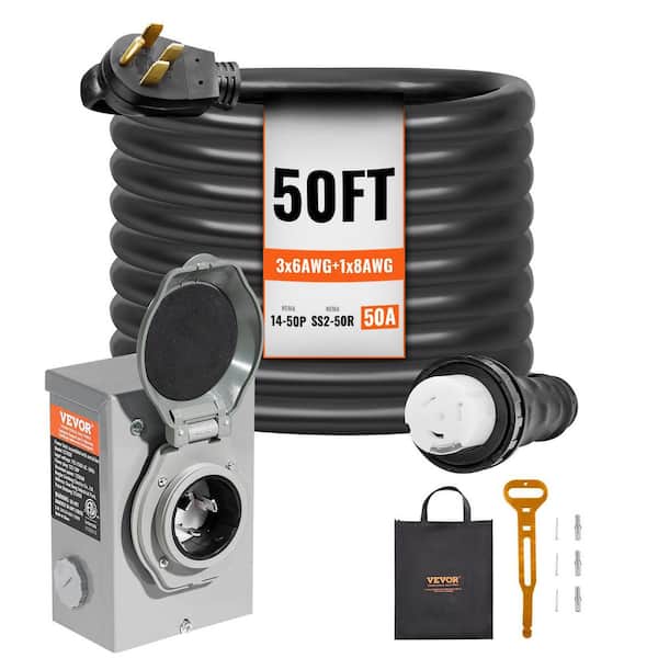 Generator Cord and Power Inlet Box Kit, 50 ft. 50 Amp, NEMA 14-50P/SS2-50R STW 6/3+8/1 AWG Generator Extension Cord
