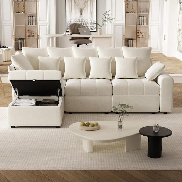 Harper & Bright Designs 96.45 in. Chenille Modern Modular Sectional Sofa in Beige with Storage Ottoman, Convenient USB Ports and 5 Back Pillows