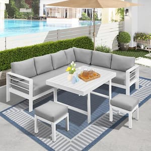 6-Pieces Outdoor Patio Furniture Set, White Aluminum Frame with Light Gray Cushions