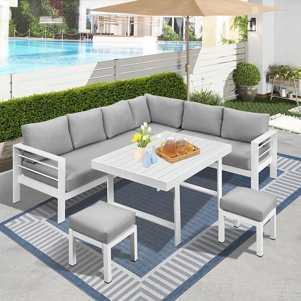 Sudzendf 6-Pieces Outdoor Patio Furniture Set, White Aluminum Frame with Light Gray Cushions
