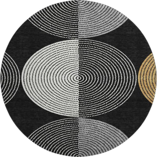 Mayfield Premium Machine Washable Abstract AMF2281 Black 8 ft. x 8 ft. Round Rug