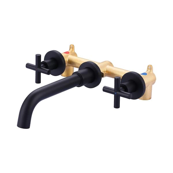 Double Handle Wall Mounted Bathroom Faucet with Brass Rough in Valve and Lever Handle in Matte Black