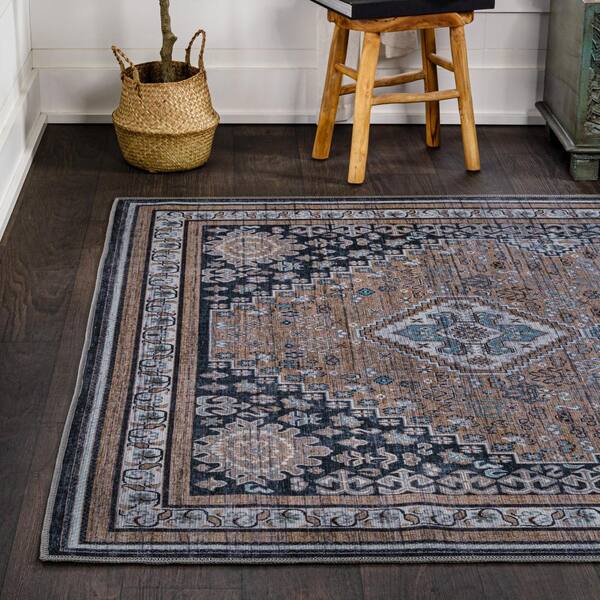 LR Home Vena Hand Hooked Charcoal Gray / Blue 5 ft. Geometric Bordered  Round Rug