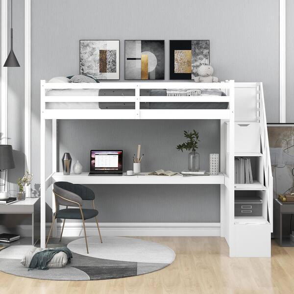 Anbazar White Twin Size Wood Loft Bed, Solid Wood Loft Bed With Desk And Drawers
