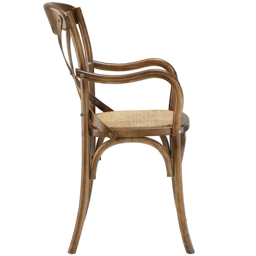 Farmhouse Walnut Wood Upholstered Arm Chair with Cross Back