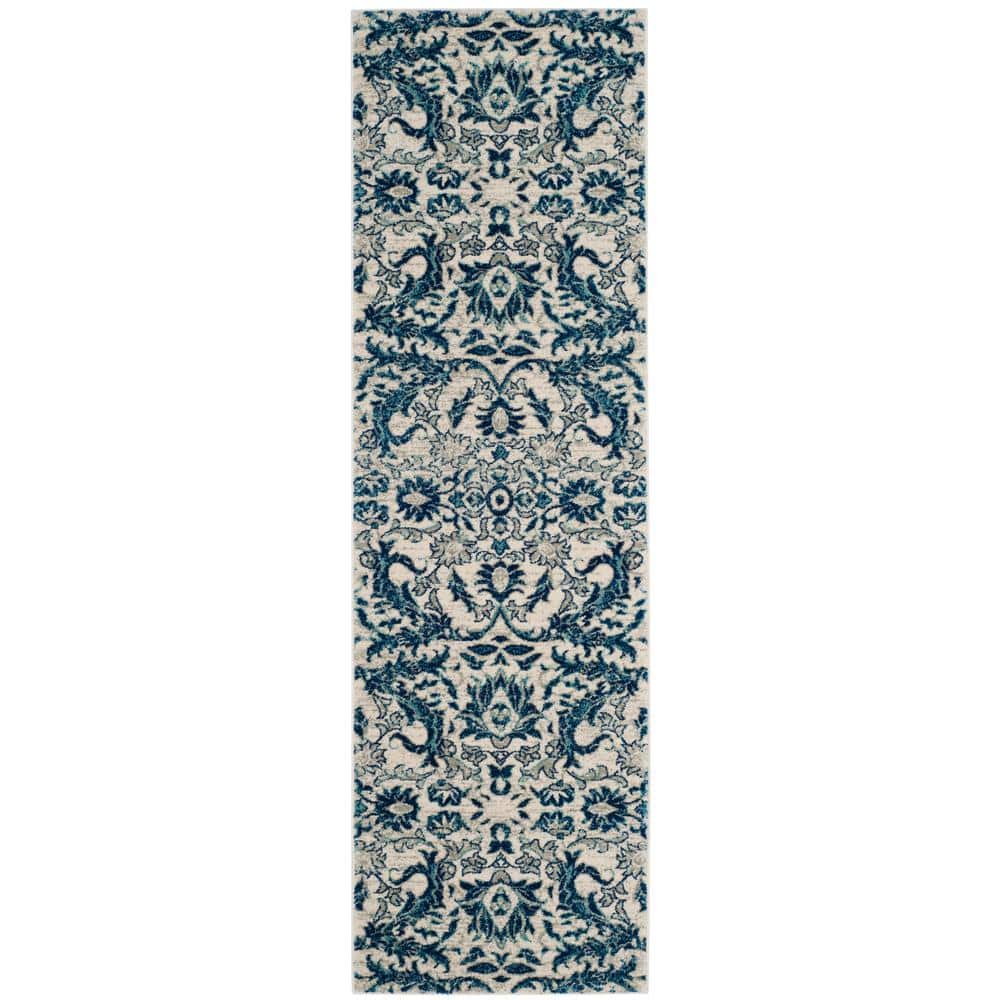 Ivory and Blue High Pile Synthetic Area Rug