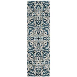 Evoke Ivory/Blue 2 ft. x 11 ft. Floral Runner Rug