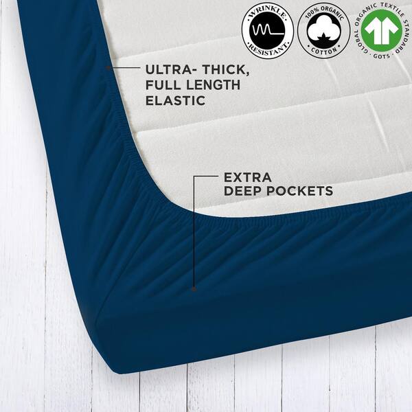 A1 Home Collections Wrinkle Resistant Extra Deep Pockets Soft Lustrous Sateen Weave Navy 300TC Organic Cotton Queen Fitted Sheet (Set of 6)
