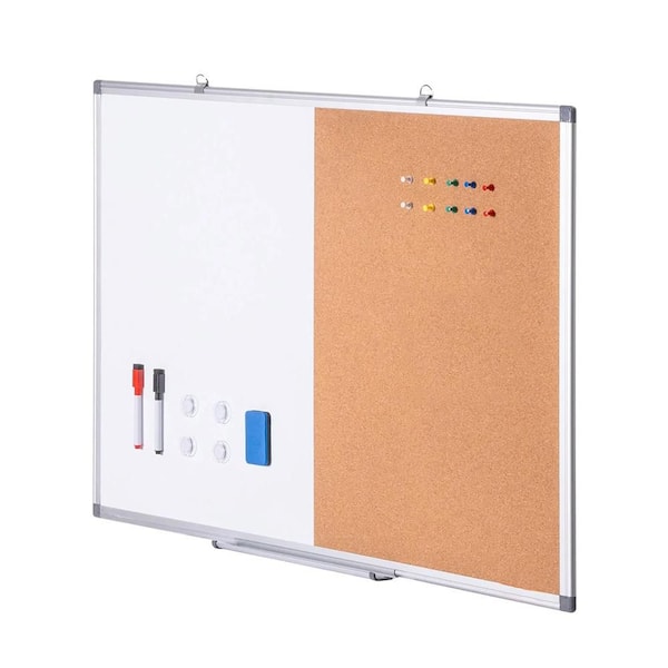 Afoxsos 36 in. x 24 in. Magnetic Whiteboard and Cork Board Combo with Aluminum Frame, Easy Erase and Full Accessories Set, White