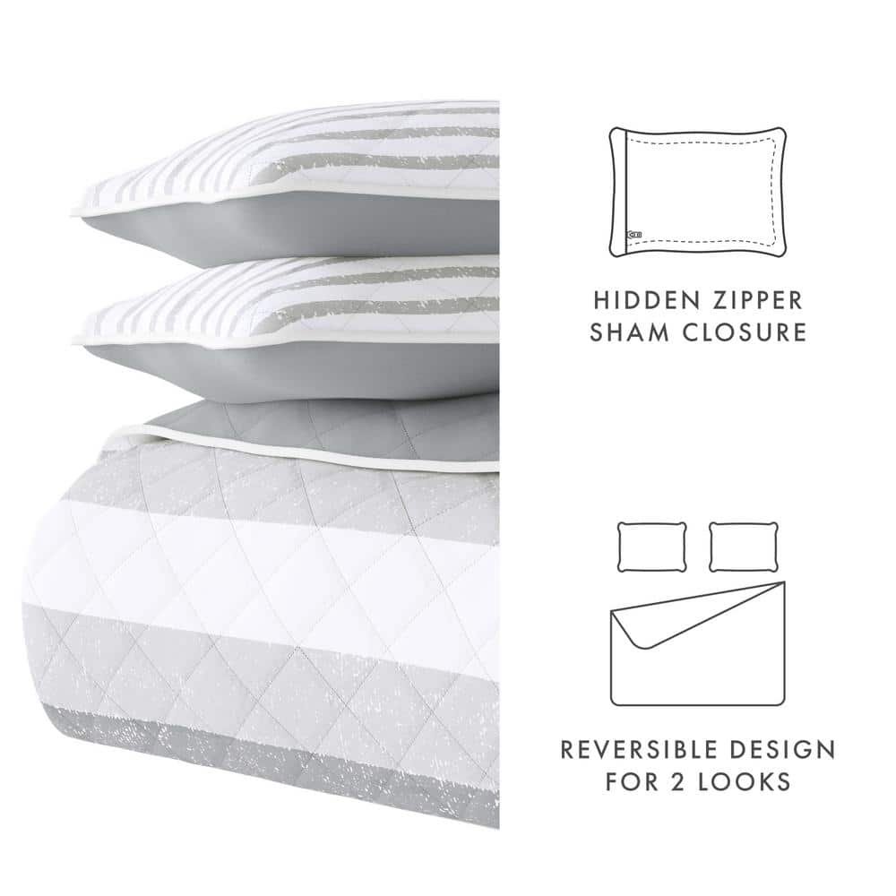 Light Gray Twin Reversible Microfiber Quilt Set with Stripes