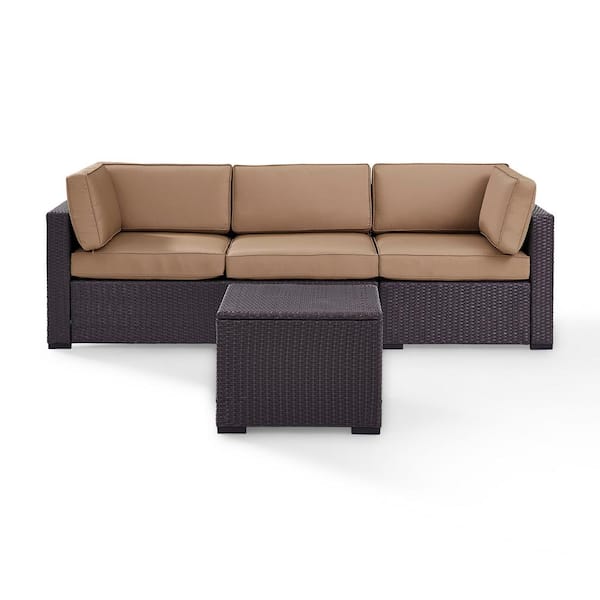CROSLEY FURNITURE Biscayne 3-Person Wicker Outdoor Seating Set with Mocha Cushions 1-Loveseat, 1-Corner and Coffee Table