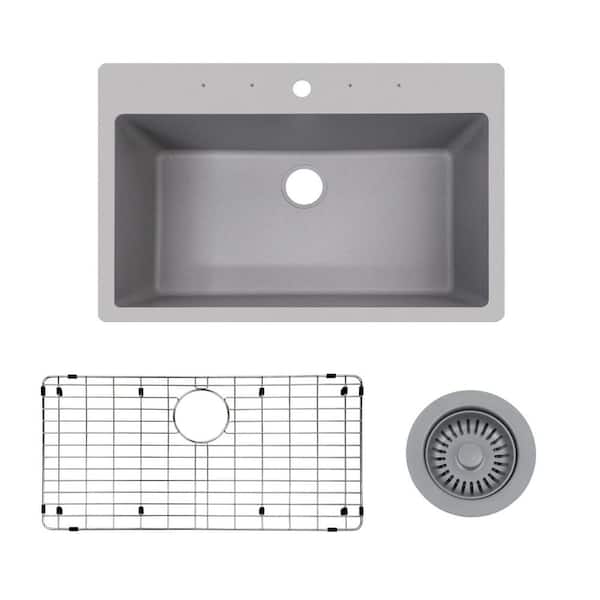 CHESHIRE 33 in. Drop-in/Undermount Single Bowl Quartz Kitchen Sink in Ice Grey with Bottom Grid and Matching Strainer