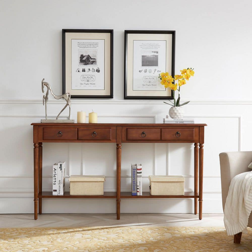 Pecan Wood Coastal Hall Console Table with Storage