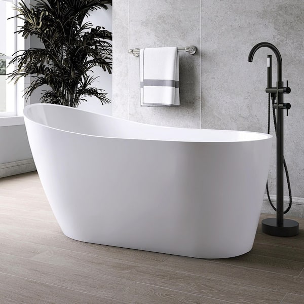 59 in. x 32 in. Acrylic Flatbottom Freestanding Soaking Bathtub in White