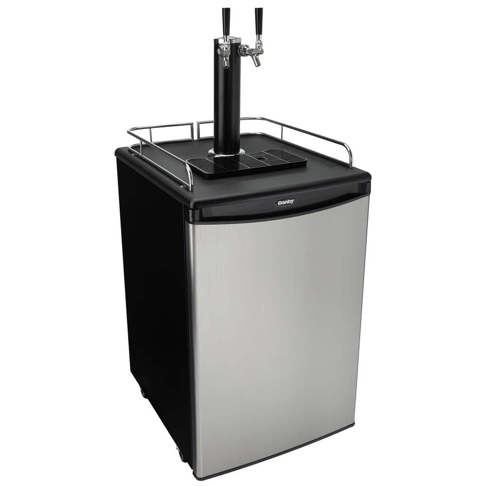 Spotless Steel and Black Dual Tap Freestanding Beverage Dispenser