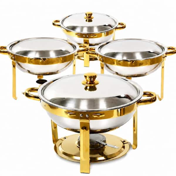6 Qt. Gold 304 Stainless Steel Round Chafing Dish Buffet Set of 4 with Dome Lids for Catering and Events