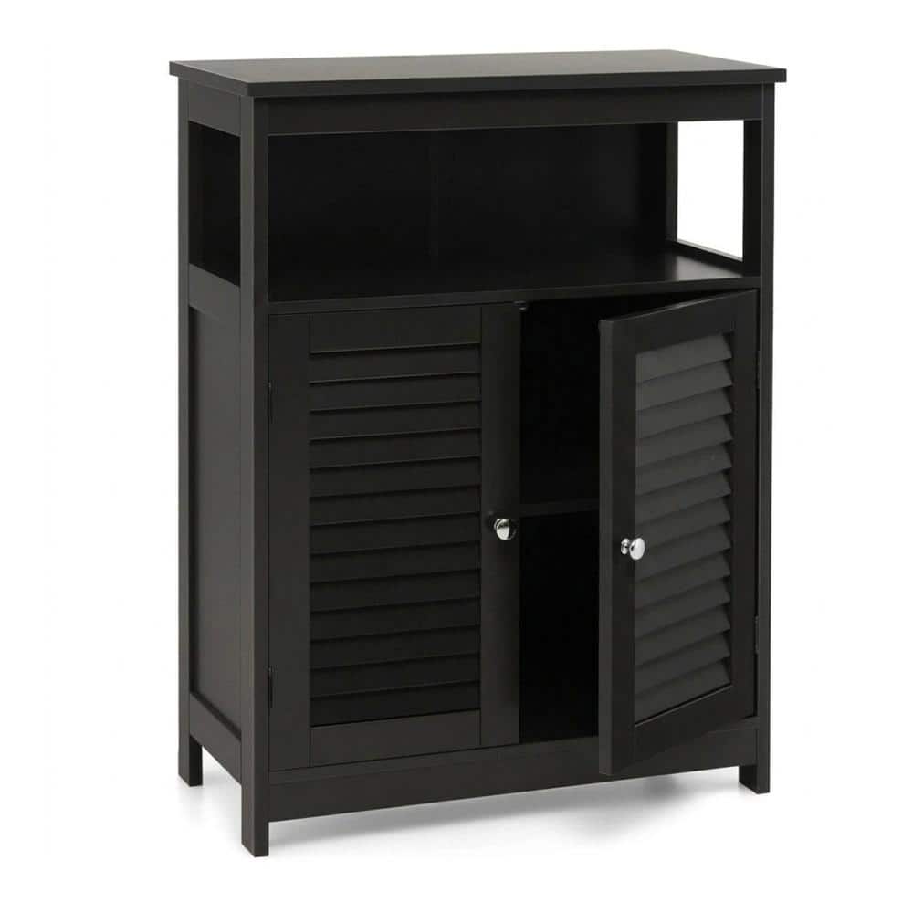 Freestanding Bathroom Cabinet with Double Shutter Doors Open Shelves and 3-Position Adjustable Shelf