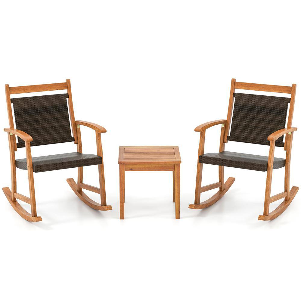 Mix Brown and Natural Acacia Wood Outdoor Rocking Chair Bistro Set