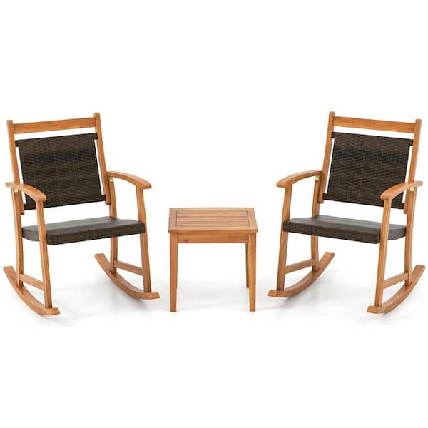 Brown Patio Rattan Rocking Chair with Bistro Set Acacia Wood Frame Armrest (3-Piece)