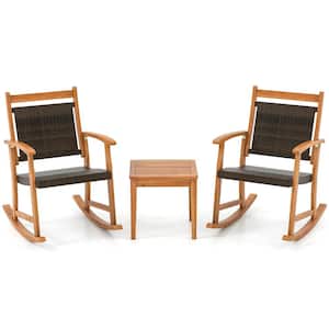 Brown Patio Rattan Rocking Chair with Bistro Set Acacia Wood Frame Armrest (3-Piece)