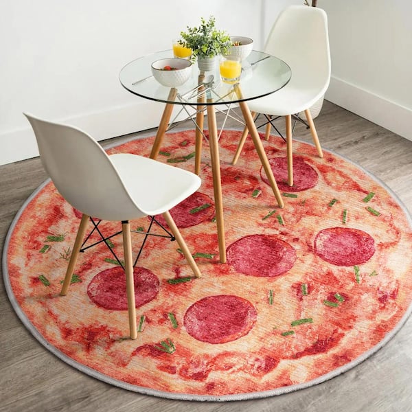 Apollo Pizza Modern Printed Orange 3 ft. 3 in. Round Area Rug