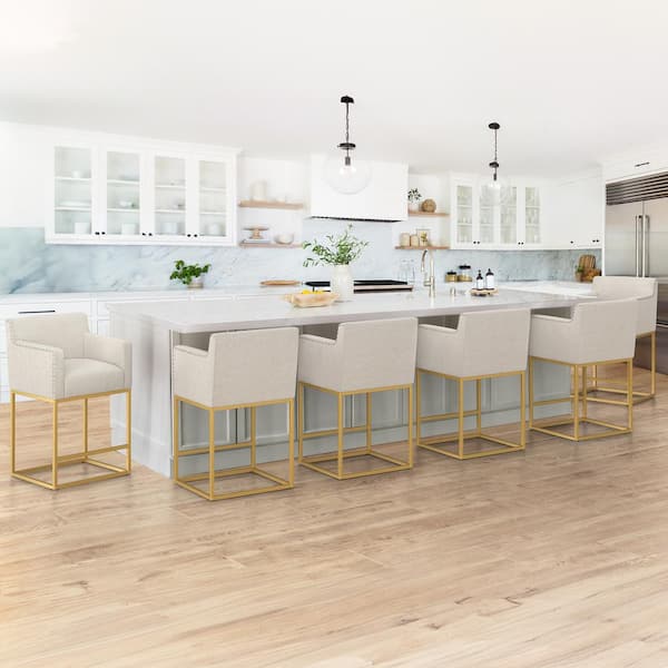 LUE BONA Luna 26 in. Linen Fabric Upholstered Counter Bar Stool with Golden Metal Frame Square Counter Stool Set of 6