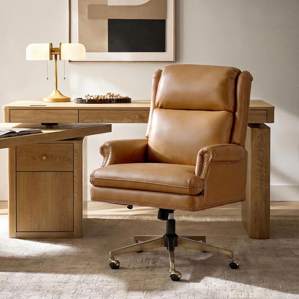 Ofelia Transitional High-Back Genuine Leather Executive Chair with Nailhead Trim and Tilting Function in Camel
