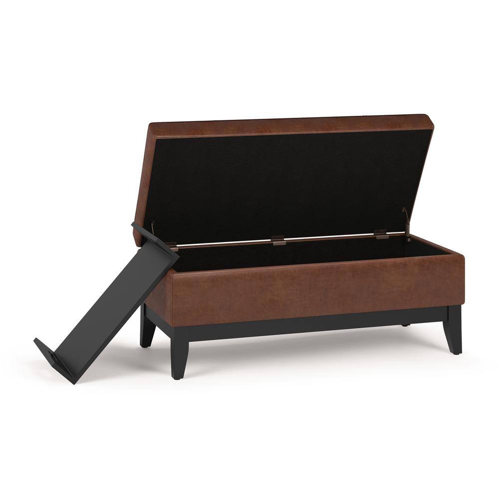 Distressed Saddle Brown Tufted Faux Leather Footstool with Tray