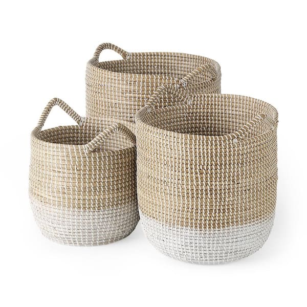 Maddie 13.8L x 13.8W X 15.0H (Set of 3) Light Brown W/White Dipped Seagrass Round Basket W/Handles