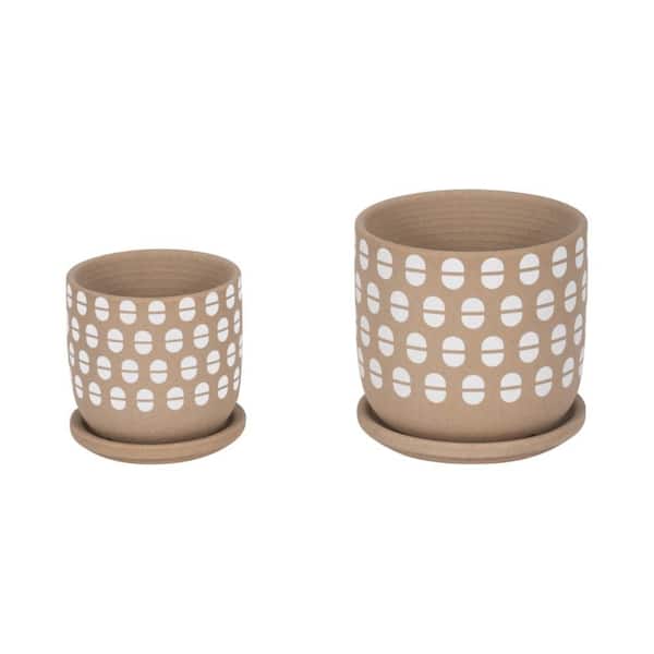 6 in. x 6 in. Tan Stoneware Hand Stamped Decorative Saucer Pots (Set of 2)