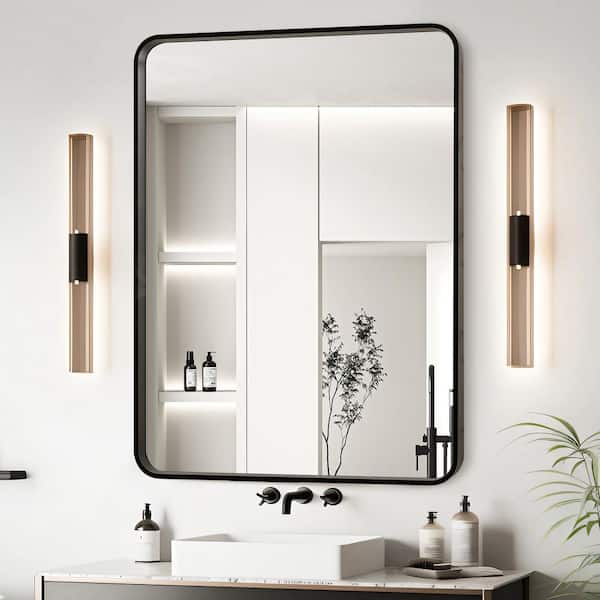24 in. W x 32 in. H Rectangular Framed Wall Bathroom Vanity Mirror in Black