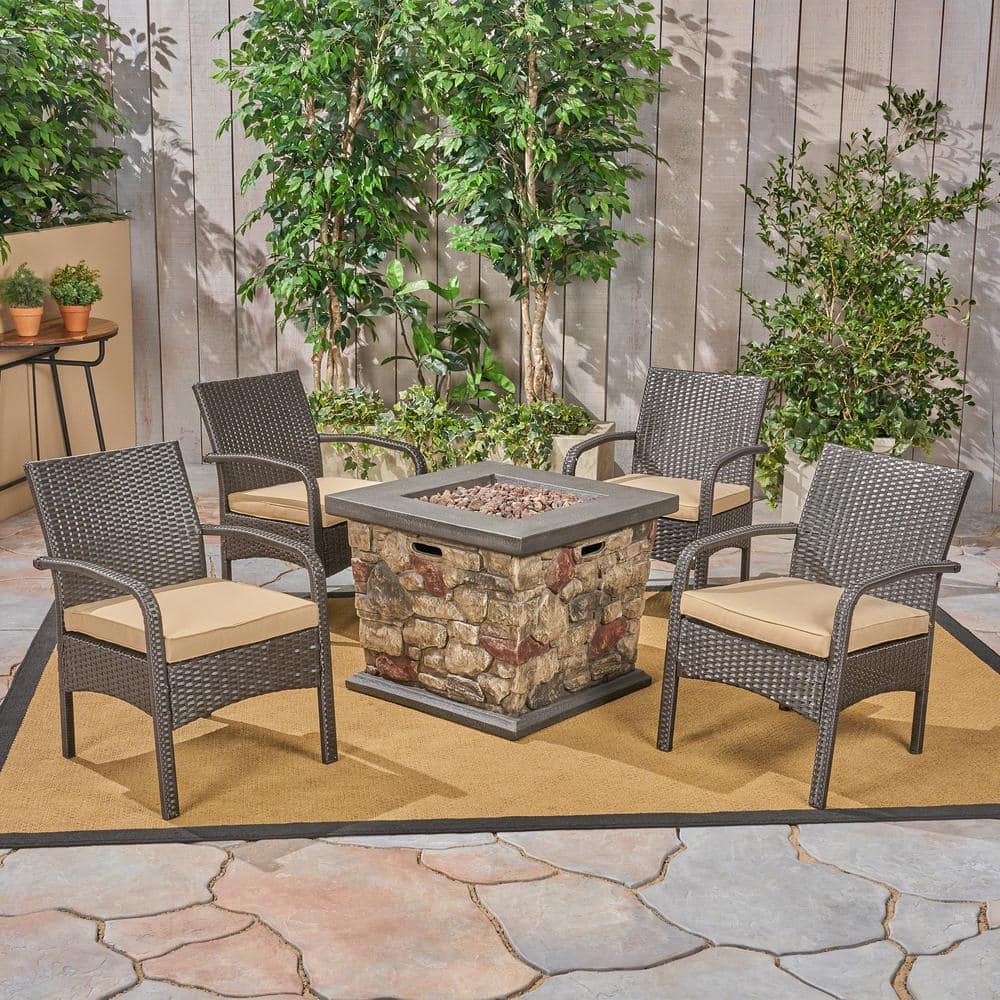 Noble House Cordoba Brown 5-Piece Faux Rattan Outdoor Patio Fire Pit ...