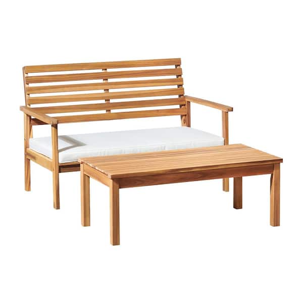 Pure Garden Orwell 2-Piece Acacia Wood Outdoor Patio Conversation Set with Bench with Cushion and Cocktail Table