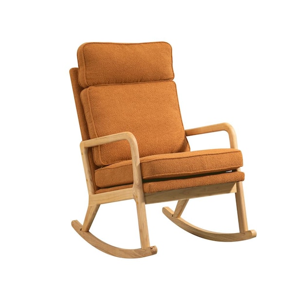 Sudzendf Modern Wood Outdoor Rocking Chair with Orange Cushions, Comfortable Boucle Upholstered High Back