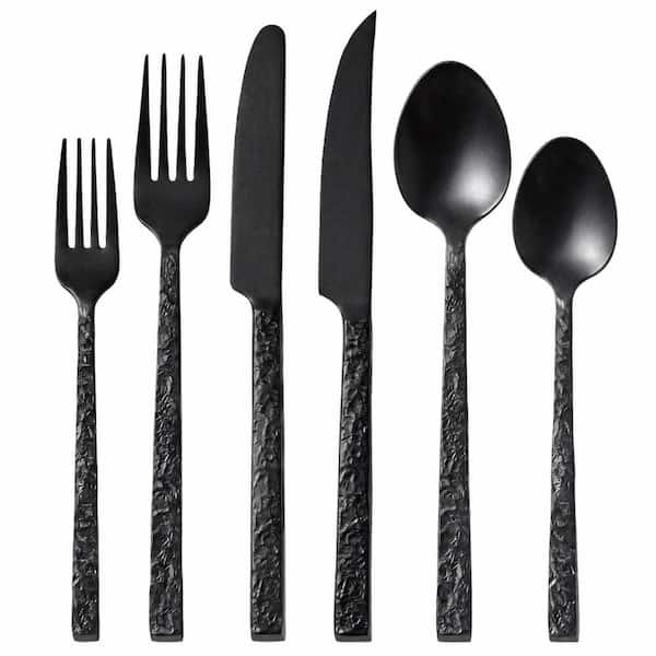 24-Piece Black Hammered Flatware Set with Steak Knives, 18/10 Stainless Steel, Service for 4 Silverware