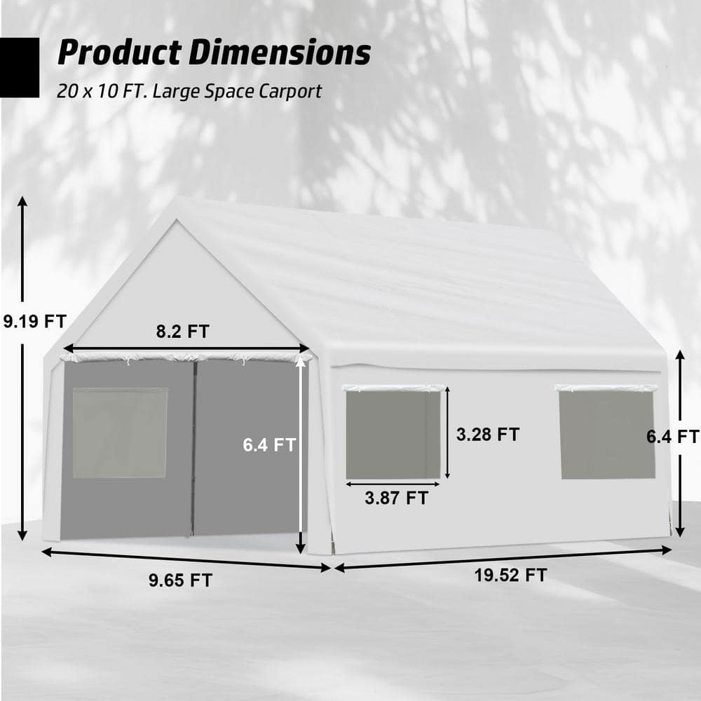 White 10' x 20' Portable Metal Frame Carport with Windows