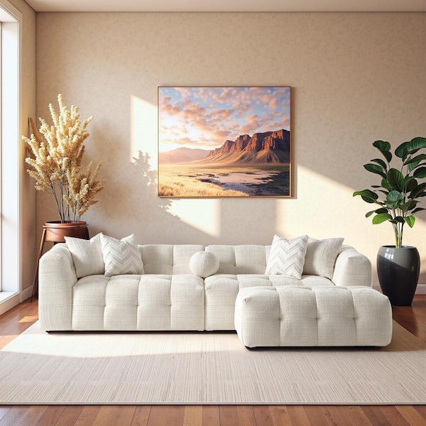 Atlantic 113 in. Round Arm 3-Piece Chenille Fabric Luxury Modular Sectional Sofa in Ivory