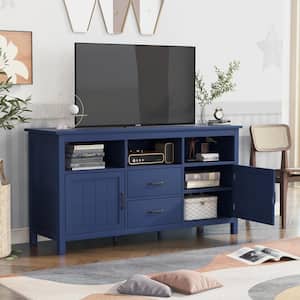 57 in. W Navy TV Stand Fits TV's up to 68 in. with 2-Doors and 2-Drawers Open Style Cabinet for Living room