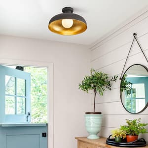 Industrial 15.75 in. 1-Light Black Bowl Shape Ceiling Light Semi-Flush Mount with Metal Shade