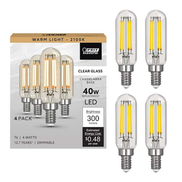 40-Watt Equivalent T6 Dimmable Straight Filament Clear Glass E12 Candelabra Edison LED Light Bulb, Warm White (4-Pack)