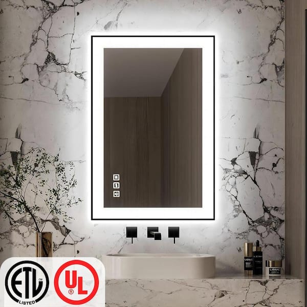 TOOLKISS 24 in. W x 36 in. H Rectangular Framed LED Anti-Fog Wall Bathroom Vanity Mirror in Black with Backlit and Front Light
