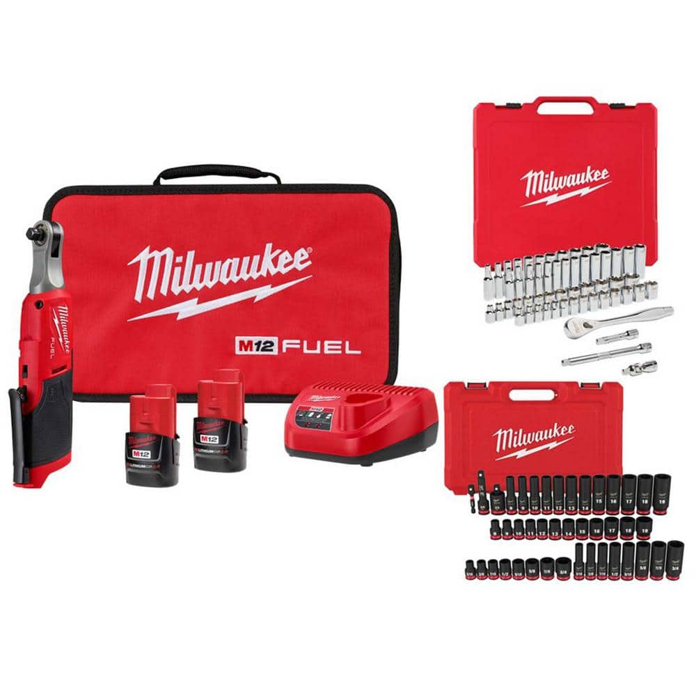 M12 FUEL 12-Volt Lithium-Ion 3/8 in. Brushless Cordless Ratchet Kit with Mechanics and Impact Sockets (104-Piece) -  Milwaukee, 2567-22-48